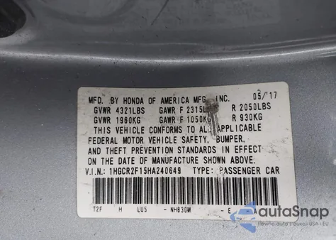 2017 Honda Accord Sport Se z USA, uszkodzony, nr VIN 1HGCR2F15HA240649